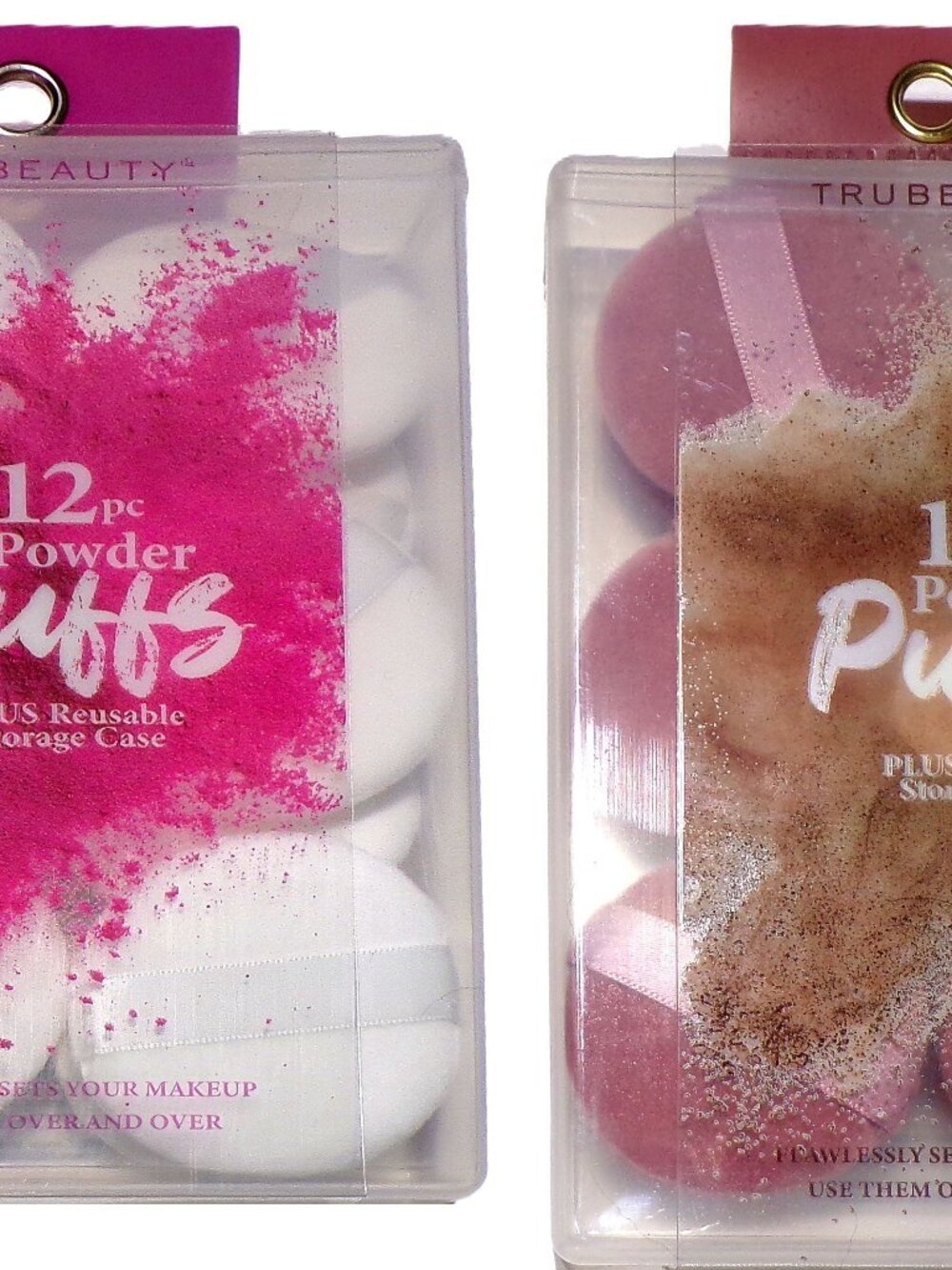 TruBeauty 12 Makeup POWDER PUFFS Round White in Reusable Storage Case (Set of 2)
